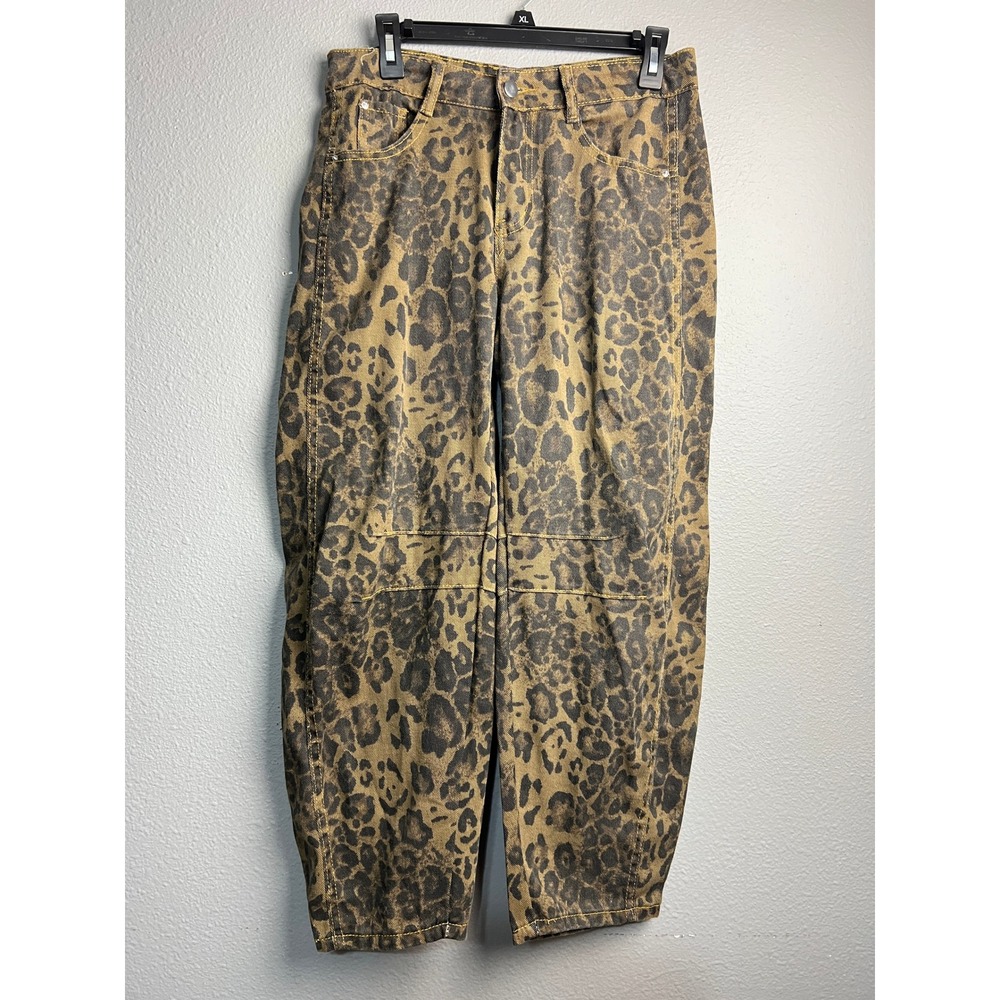 Jeans Leopard Print Tapered Barrel Wide Leg Denim Pants Brown Black Size 31x25.5